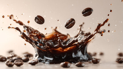 Dynamic close up shot of roasted coffee beans splashing into a rich dark coffee liquid, creating an energetic and invigorating moment.