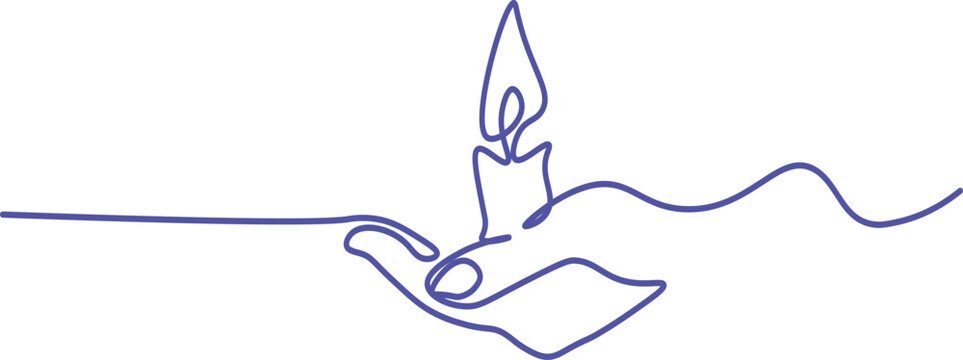 Continuous one line drawing. Hand holding burning candle