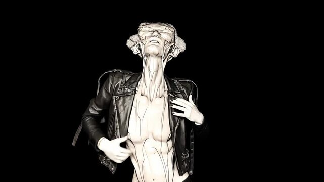 Modern Abstract Surrealism: Dramatic Digital Art of a Male Figure in Vintage Leather Jacket - 3D Model with Unique Emotional Expressionism and Bold High Contrast Stylized Design