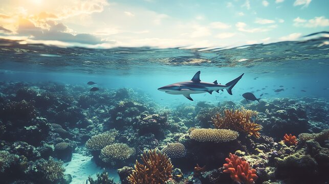 Underwater view of shark over coral reef
