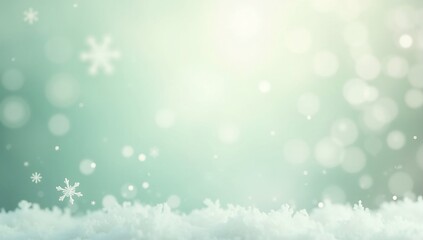A serene winter background featuring delicate white snowflakes and a snowy foreground against a mint green soft glow.
