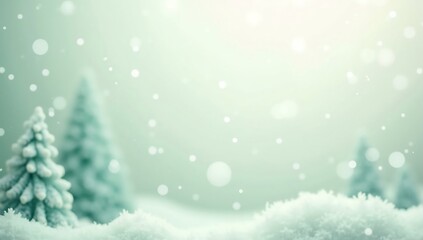 A serene winter landscape featuring snow covered pine trees, gentle snowfall, and a green tinged background.