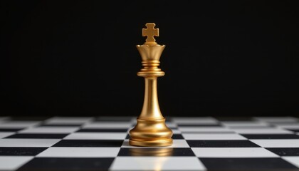 Golden Chess King Piece Displayed on Classic Black and White Checkerboard Background for Strategic Game Concept