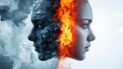 Abstract duality of fire and ice faces.