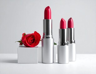Elegant Red Lipsticks and a Rose on a White Background: Beauty and Cosmetics