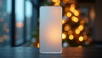 Smartphone mockup showing blank screen with christmas bokeh.