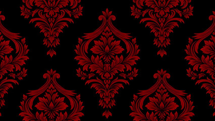 Seamless pattern of red damask ornaments on a black background for textile and wallpaper design