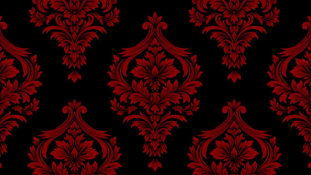 Seamless pattern of red damask ornaments on a black background for textile and wallpaper design