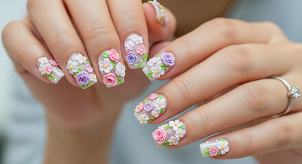 Beautifully decorated fingernails with delicate 3D floral designs, showcasing intricate nail art and manicured hands
