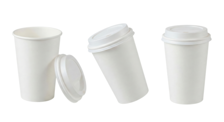 White disposable coffee cups with plastic lids on white background.