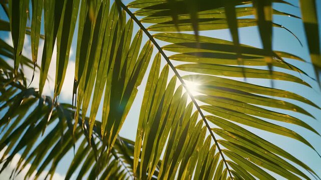 Fresh palm leaves with sunbeams shining through, capturing the serene and optimistic essence of growth, renewal, and joy, perfect for projects highlighting positivity, hope.