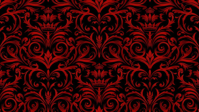 A seamless pattern featuring red damask designs with crown motifs on a dark black background texture