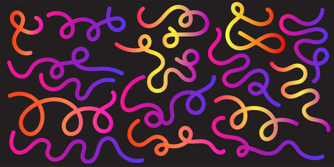Abstract background featuring a set of dynamic, flowing squiggly lines with a vibrant rainbow gradient, illustrating fluid motion and playful energy concepts
