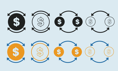 Icons of currency exchange with circular arrows and dollar signs, representing transaction flow and money transfer. Suitable for finance, trading, and currency exchange themes.