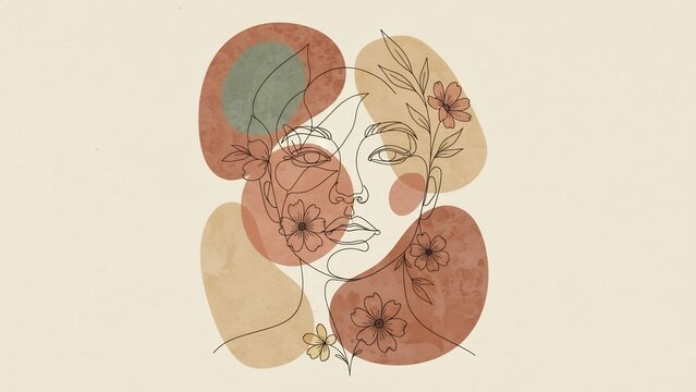 Abstract Woman Face Line Art with Organic Shapes and Floral Elements.