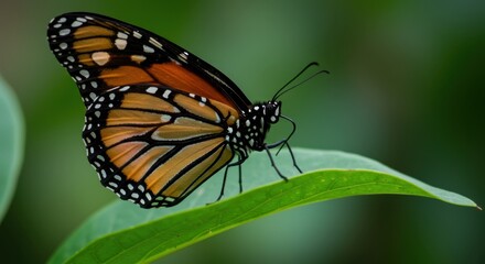 Naklejka premium Detailed of an orange and black patterned insect resting on a vibrant green leaf.