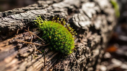 Close-up of vibrant green moss growing on a weathered, textured tree log in sunlight.