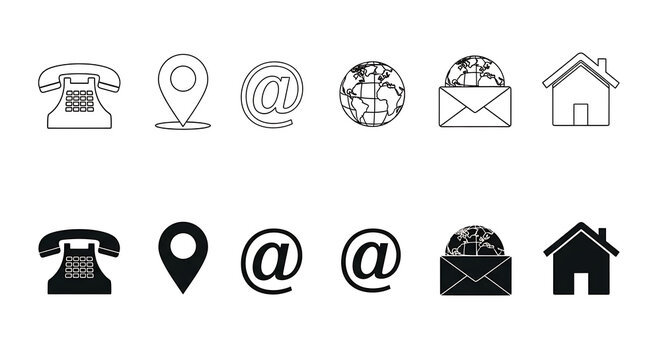 Contact information icons in black and white for online business