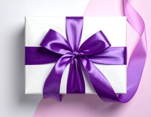 Elegant white gift box adorned with a vibrant purple satin bow and ribbon