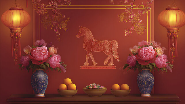Chinese New Year festival, red background, decorated with two red lanterns on both sides, with flower vases and offerings, golden outline of a horse stands prominently in the center against the wall.