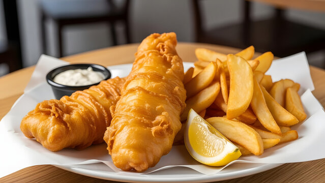 Crispy Fish and Chips Plate with Lemon Wedge and Dipping Sauce