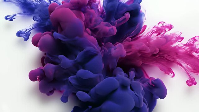 Ink flow creative fluidity conceptually representing intellectual curiosity and peacefulness as mesmerizing purple and blue ink flows gently in water set against a crisp white background.