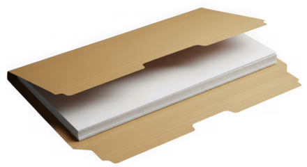 Cardboard mailing envelope with a stack of white papers inside