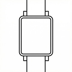 Black and white vector illustration of a modern smartwatch with a clean rectangular display, simplified strap outline, and precise contour lines, created without gradients or shadows for tech icons an