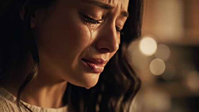 Closeup portrait of a beautiful young woman crying with tears streaming down her face in a dramatic, warm light setting