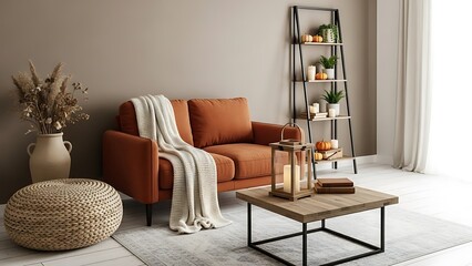 Obraz premium Warm and Inviting Living Room with Orange Sofa and Ladder Shelf 96e4bc53334fdaf81624013409a834f2dr