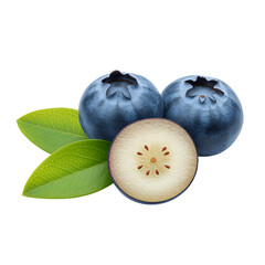 Obraz premium Close up of fresh blueberries with leaves against a black background