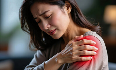 An adult East Asian woman grimaces in pain while clutching her right shoulder, which is highlighted by a bright red area indicating severe inflammation or injury.