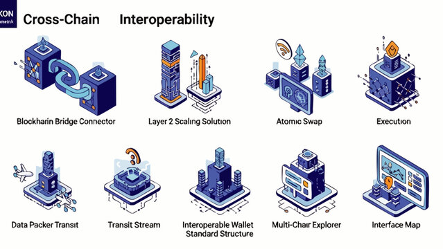 Isometric icon set illustrating cross-chain interoperability, including blockchain bridge connectors, atomic swaps, and interoperable wallet standard structures.