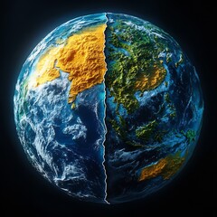 Earth divided by climate change and environmental impact illustration