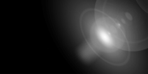 Abstract White Light Flare Glow Background for Modern Digital Design. One glowing starbursts on black background sparkle. Graphic white bright light highlight. Transparent, overlay, bling, light, glow