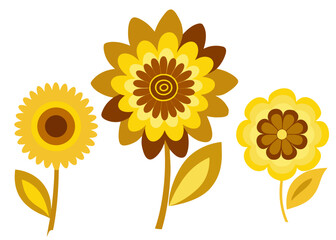 Set of three yellow and brown stylized folk art flowers illustrations