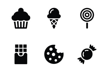 Collection of sweet treat icons in black and white
