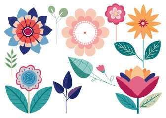 Colorful set of abstract folk art style flowers and leaves illustrations