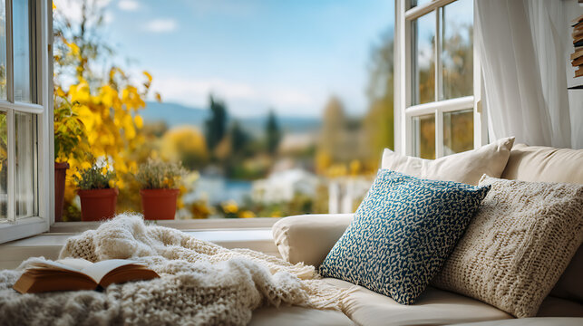 Self-care and well-being retreat at home cozy living room nature view relaxing environment peaceful concept