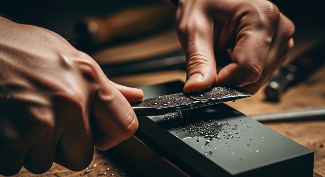 A craftsman's hands carefully sharpening a metal chisel on a wet whetstone in a workshop.