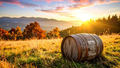 Obraz premium Rustic wooden barrel rests in a sun drenched autumn field with mountains