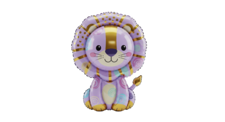 Adorable cartoon lion foil balloon in purple and gold, featuring charming patterns. A playful inflatable animal character for children's birthdays, baby showers, and festive party decorations