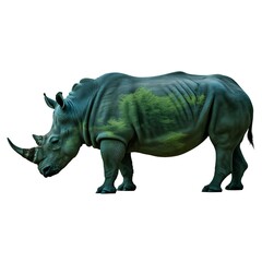 Obraz premium Majestic rhino with forest overlay standing powerfully symbolizing nature conservation and wildlife preservation on a clean white background