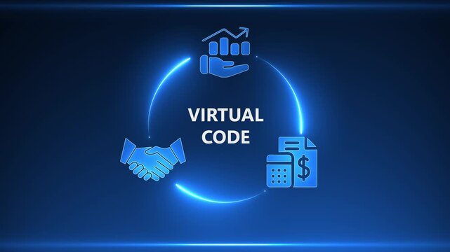 Blue neon circle diagram with icons for virtual code business finance and partnership on dark blue background