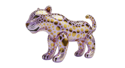 A delightful, whimsical, and artistic representation of a cheetah, adorned with a striking pattern of gold spots on a lavender background, presented in a whimsical, sculptural form