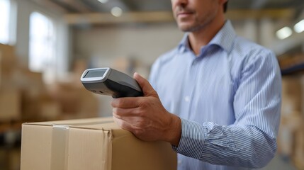 A man in a warehouse uses a barcode scanner to track inventory on a cardboard box representing logistics and supply chain management