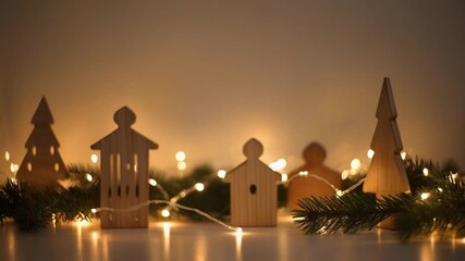 A cozy winter scene with wooden Christmas decorations and warm fairy lights. - Powered by Adobe