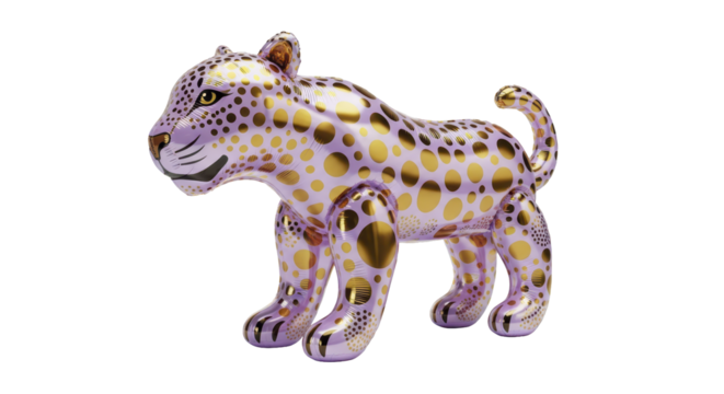 A delightful, whimsical, and artistic representation of a cheetah, adorned with a striking pattern of gold spots on a lavender background, presented in a whimsical, sculptural form