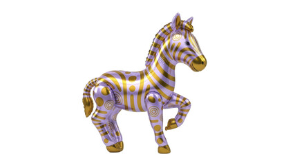 Obraz premium Abstract purple and gold zebra sculpture with decorative patterns, isolated on a white background