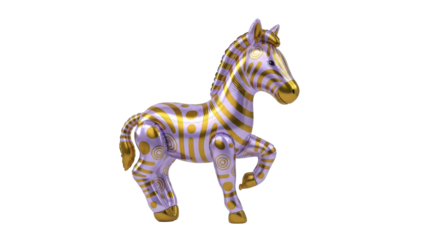 Abstract purple and gold zebra sculpture with decorative patterns, isolated on a white background